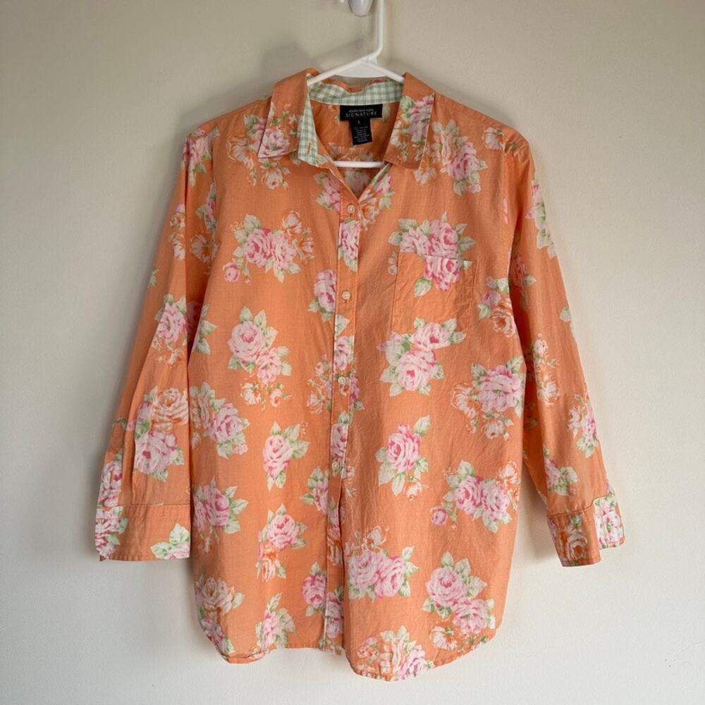 Jones New York Signature Shirt Floral Button Front 3/4 Sleeves Orange Womens L